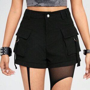 🩳 Academia Solid Flap Pocket Black Corduroy Cargo Shorts, size Large